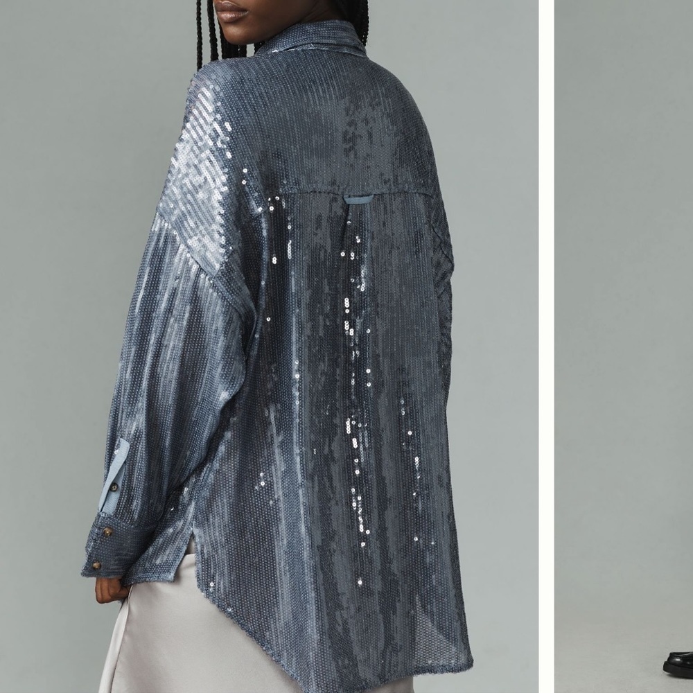 Pilcro- NWT Anthropologie Sequin Blue Button Down Long-sleeve Shirt - Picture 5 of 8